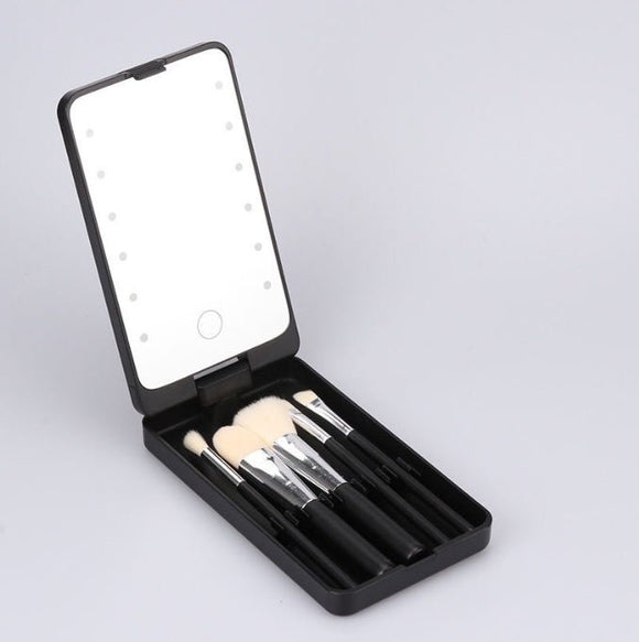 2 - Piece Black Portable LED Makeup Mirror with Brush - Foldable, Rotatable, and Rechargeable Travel Vanity Mirror - RnR Galore