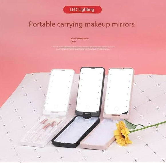 2 - Piece Pink Portable LED Makeup Mirror with Brush - Foldable, Rotatable, and Rechargeable Travel Vanity Mirror - RnR Galore