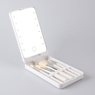 2 - Piece White Portable LED Makeup Mirror with Brush - Foldable, Rotatable, and Rechargeable Travel Vanity Mirror - RnR Galore