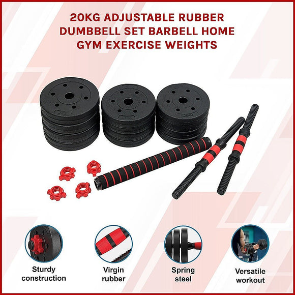 20kg Adjustable Rubber Dumbbell Set Barbell Home GYM Exercise Weights - RnR Galore