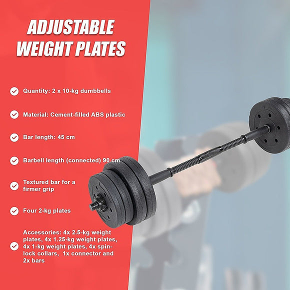 20kg Dumbbell Set Home Gym Fitness Exercise Weights Bar Plate - RnR Galore