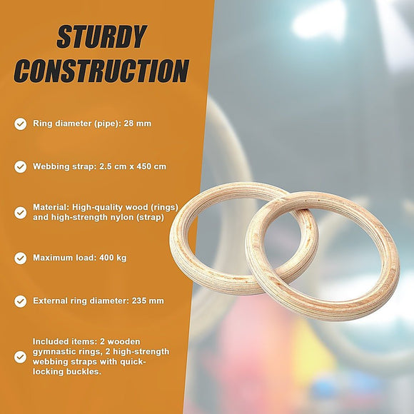 235mm Wooden Gymnastic Rings – Olympic Gym Strength Training & Fitness - RnR Galore