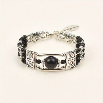 2pcs Ethnic - style Vintage Open Bracelet, Turquoise Beads with Silver Carved Accents, Bohemian Exotic Charm, a Personalized Accessory for Daily and Travel Wear.black - RnR Galore