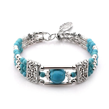 2pcs Ethnic - style Vintage Open Bracelet, Turquoise Beads with Silver Carved Accents, Bohemian Exotic Charm, a Personalized Accessory for Daily and Travel Wear.blue - RnR Galore