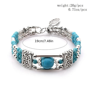 2pcs Ethnic - style Vintage Open Bracelet, Turquoise Beads with Silver Carved Accents, Bohemian Exotic Charm, a Personalized Accessory for Daily and Travel Wear.blue - RnR Galore