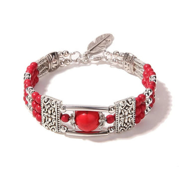 2pcs Ethnic - style Vintage Open Bracelet, Turquoise Beads with Silver Carved Accents, Bohemian Exotic Charm, a Personalized Accessory for Daily and Travel Wear.orange - RnR Galore