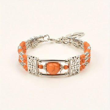 2pcs Ethnic - style Vintage Open Bracelet, Turquoise Beads with Silver Carved Accents, Bohemian Exotic Charm, a Personalized Accessory for Daily and Travel Wear.orange - RnR Galore