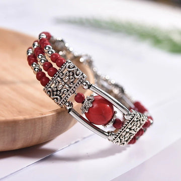 2PCS Ethnic - style Vintage Open Bracelet, Turquoise Beads with Silver Carved Accents, Bohemian Exotic Charm, a Personalized Accessory for Daily and Travel Wear.red - RnR Galore