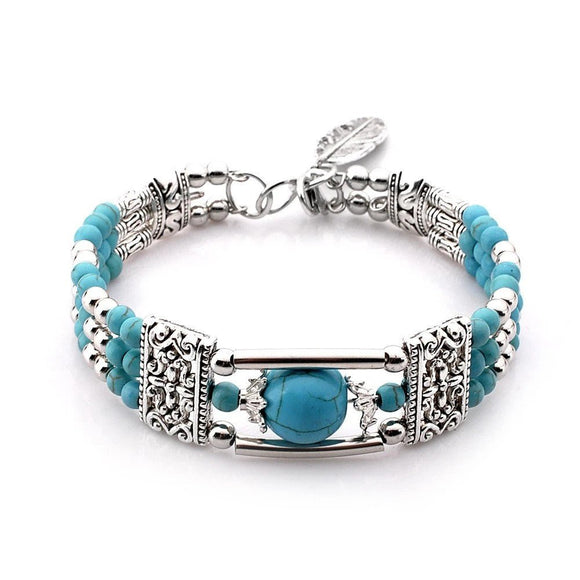2pcs Ethnic - style Vintage Open Bracelet, Turquoise Beads with Silver Carved Accents, Bohemian Exotic Charm, a Personalized Accessory for Daily and Travel Wear.Rose - RnR Galore