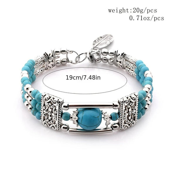 2pcs Ethnic - style Vintage Open Bracelet, Turquoise Beads with Silver Carved Accents, Bohemian Exotic Charm, a Personalized Accessory for Daily and Travel Wear.Rose - RnR Galore