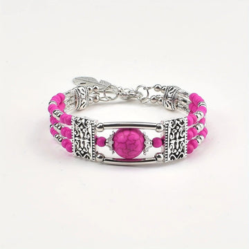 2pcs Ethnic - style Vintage Open Bracelet, Turquoise Beads with Silver Carved Accents, Bohemian Exotic Charm, a Personalized Accessory for Daily and Travel Wear.Rose - RnR Galore