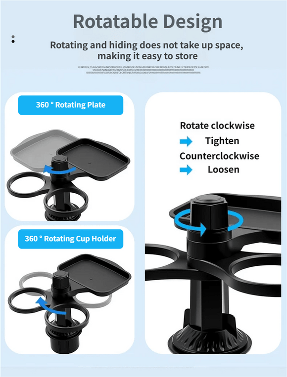 3 - in - 1 Car Rotating Dinner Tray & Double Cup Holder with Secure Phone Mount - Car Cup Slot Swivel Expander and Snacks & Drinks Organizer - RnR Galore