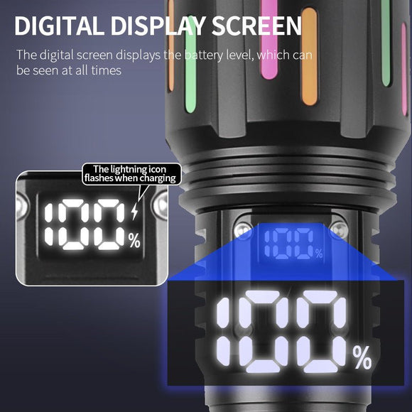 30W High Brightness LED Flashlight with Digital Display & Fluorescent Design - USB Rechargeable, 800 - 1200M Range(black+One 18650 battery) - RnR Galore