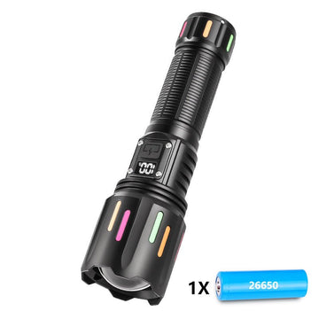 30W High Brightness LED Flashlight with Digital Display & Fluorescent Design - USB Rechargeable, 800 - 1200M Range(black+One 26650 battery) - RnR Galore