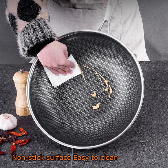 34cm 304 Stainless Steel Non - Stick Stir Fry Cooking Kitchen Honeycomb Wok Pan with Lid - RnR Galore
