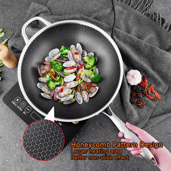 34cm 304 Stainless Steel Non - Stick Stir Fry Cooking Kitchen Honeycomb Wok Pan with Lid - RnR Galore