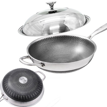 34cm 304 Stainless Steel Non - Stick Stir Fry Cooking Kitchen Honeycomb Wok Pan with Lid - RnR Galore
