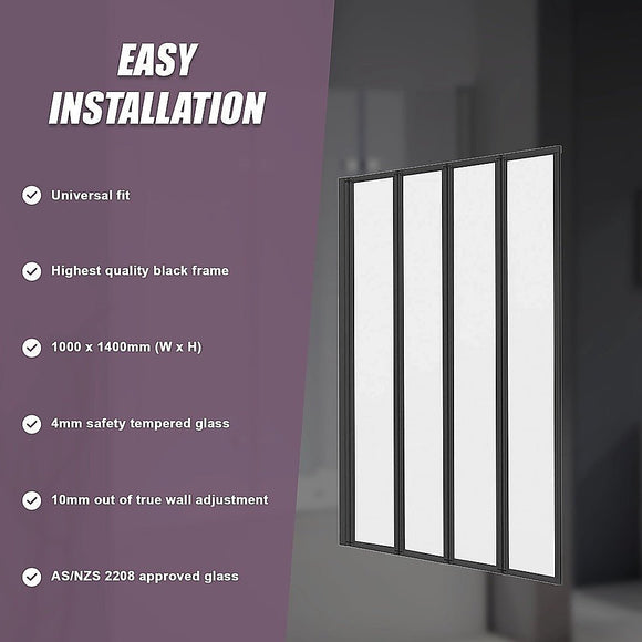 4 Fold Black Folding Bath Shower Screen Door Panel 1000 x 1400mm - RnR Galore