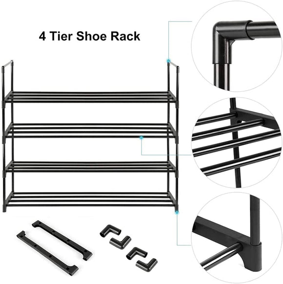 4 - Tier Stainless Steel Shoe Rack Storage Organizer to Hold up to 20 Pairs of Shoes (80cm, Black) - RnR Galore