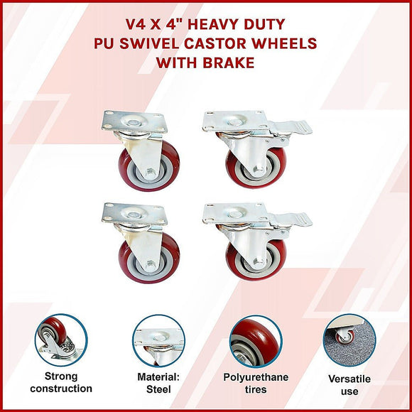 4 x 4" Heavy Duty PU Swivel Castor Wheels With Brake - RnR Galore