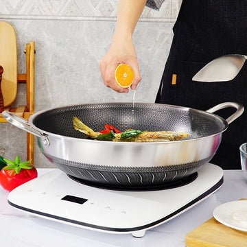 40cm Double Ear 316 Stainless Steel Non - Stick Stir Fry Cooking Kitchen Wok Pan with Lid Honeycomb Double Sided - RnR Galore