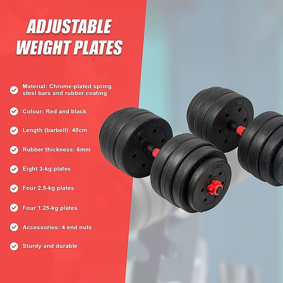 40kg Adjustable Rubber Dumbbell Set Barbell Home GYM Exercise Weights - RnR Galore
