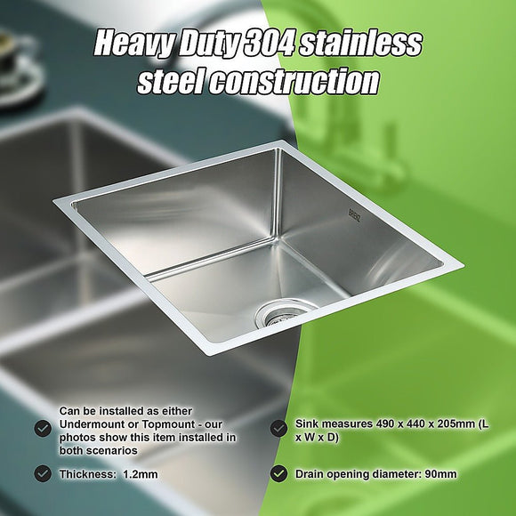 490x440mm Handmade Stainless Steel Undermount / Topmount Kitchen Laundry Sink with Waste - RnR Galore