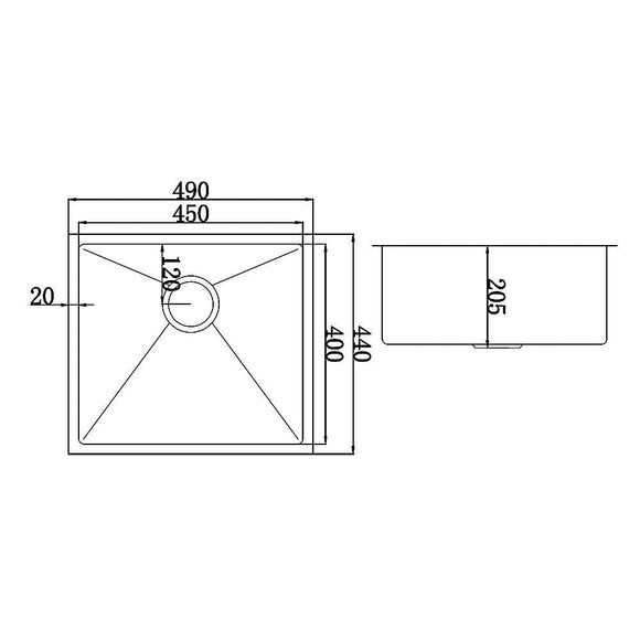 490x440mm Handmade Stainless Steel Undermount / Topmount Kitchen Laundry Sink with Waste - RnR Galore