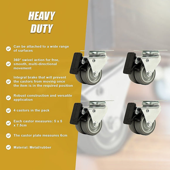 4x 2 Inch Heavy Duty Swivel Castor Wheels 50mm Brake - RnR Galore
