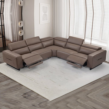 5 Seater Real Cow Leather Sofa with Power Recliner Adjustable Headrest Wooden Frame Corner Lounge - RnR Galore