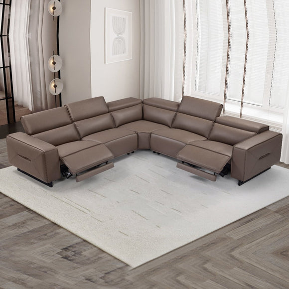 5 Seater Real Cow Leather Sofa with Power Recliner Adjustable Headrest Wooden Frame Corner Lounge - RnR Galore