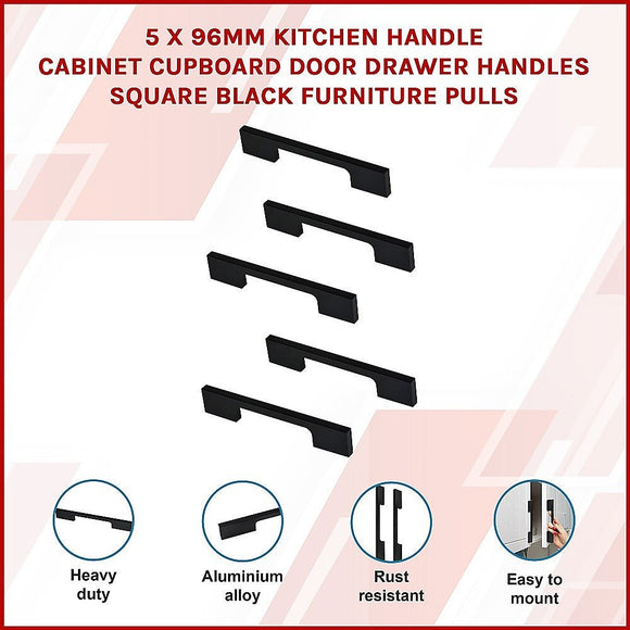 5 x 96mm Kitchen Handle Cabinet Cupboard Door Drawer Handles square Black furniture pulls - RnR Galore