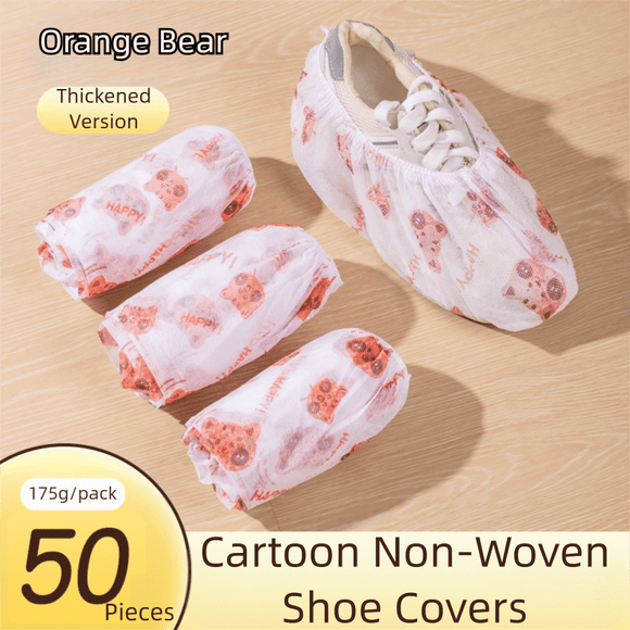 50 Pieces Thickened Non - Woven Disposable Shoe Covers (Orange Bear) – Universal Fit (EU Size 34 - 45) for Guests & Floor Protection - RnR Galore
