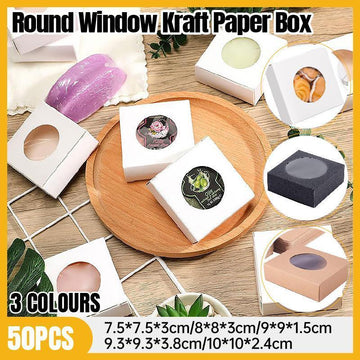 50PCS Handmade Soap Paper Box Round Window Kraft Black White Candy Biscuit Box - White - 50pcs 8*8*3CM - RnR Galore