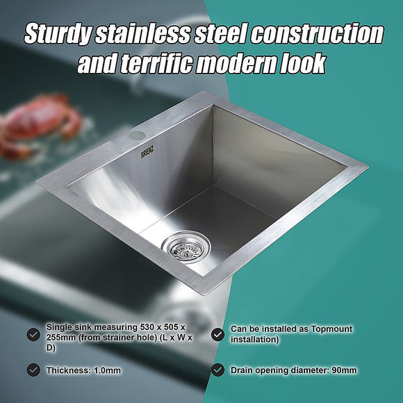 530x505mm Handmade Stainless Steel Topmount Kitchen Laundry Sink with Waste - RnR Galore