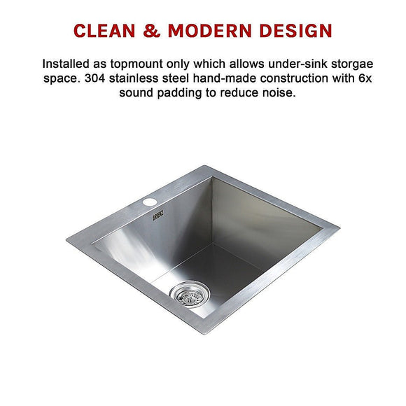 530x505mm Handmade Stainless Steel Topmount Kitchen Laundry Sink with Waste - RnR Galore