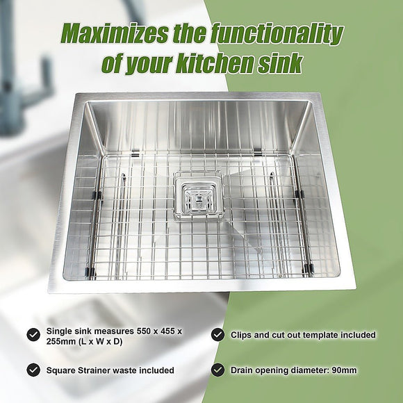 550x455mm Handmade 1.5mm Stainless Steel Undermount / Topmount Kitchen Sink with Square Waste - RnR Galore