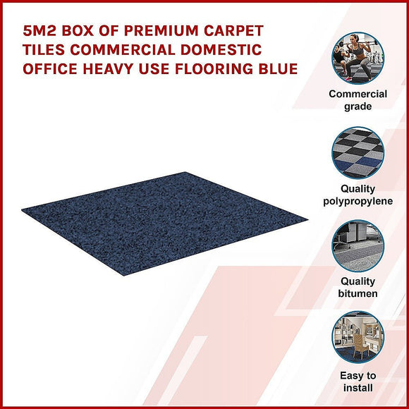 5m2 Box of Premium Carpet Tiles Commercial Domestic Office Heavy Use Flooring Blue - RnR Galore