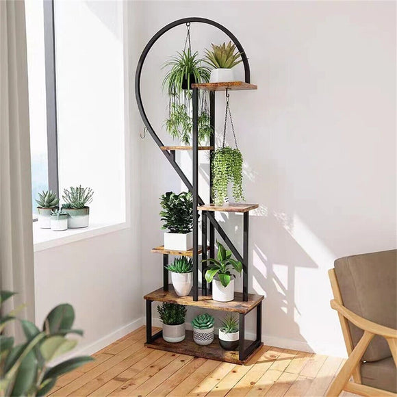 6 Tier Corner Plant Stand Metal & MDF Ladder Shelf Rack - RnR Galore
