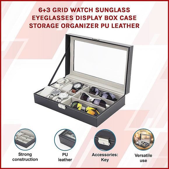 6+3 Grid Watch Sunglass Eyeglasses Display Box Case Storage Organizer PU Leather - RnR Galore