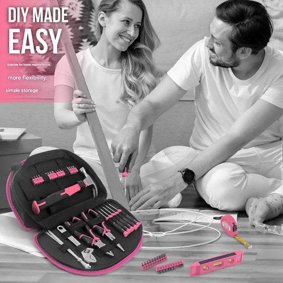 63 - Piece Essential Home Repair Tool Kit with Portable Zipper Case(pink) - RnR Galore