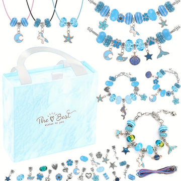 67PCS Blue DIY Charm Necklace & Bracelet Making Kit - Creative Jewelry Craft Set with Colorful Drip Oil Pendants & Metal Beads - RnR Galore