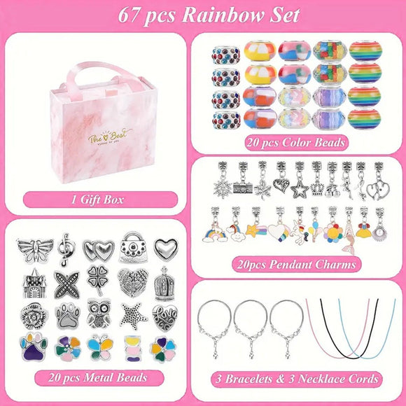 67PCS Pink DIY Charm Necklace & Bracelet Making Kit - Creative Jewelry Craft Set with Colorful Drip Oil Pendants & Metal Beads - RnR Galore