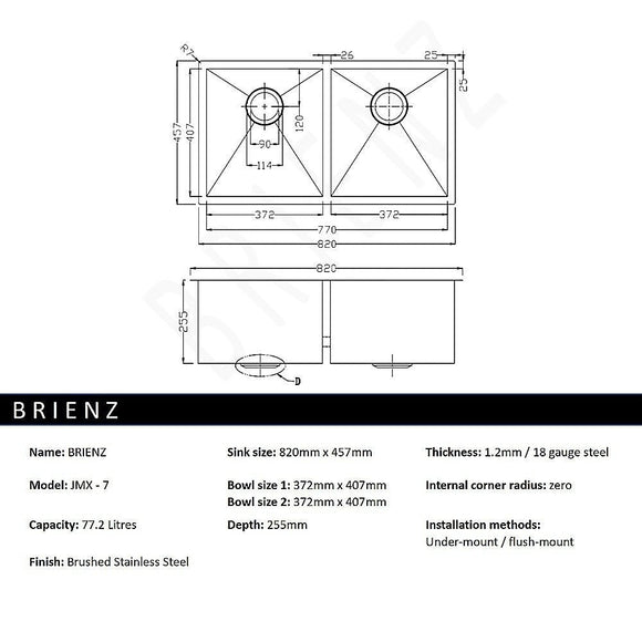 820x457mm Handmade Stainless Steel Undermount / Topmount Kitchen Laundry Sink with Waste - RnR Galore