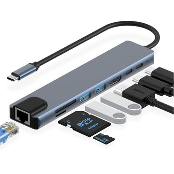 8in1 Hub USB - C To Type - C USB 3.0 4K HDMI RJ45 Ethernet SD TF OTG PD Port Adapter - RnR Galore