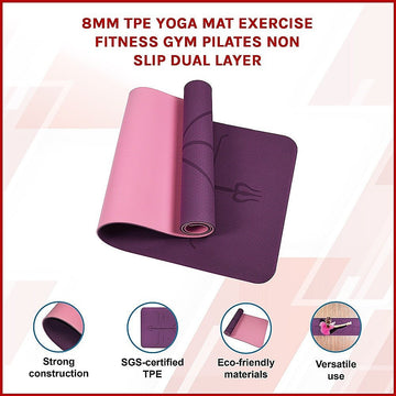 8mm TPE Yoga Mat Exercise Fitness Gym Pilates Non Slip Dual Layer - RnR Galore