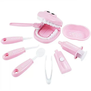 9 Piece Kids Dentist Pretend Play Set - Pink Educational Medical Kit with Teeth Model, Toothbrush & Tools - Oral Hygiene Learning Toy for Toddlers & Preschoolers - RnR Galore