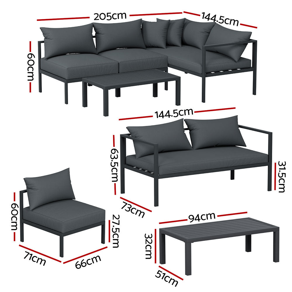 Gardeon 4 Seater Outdoor Sofa Set Aluminium Patio Furniture Setting 4PC Charcoal - 0