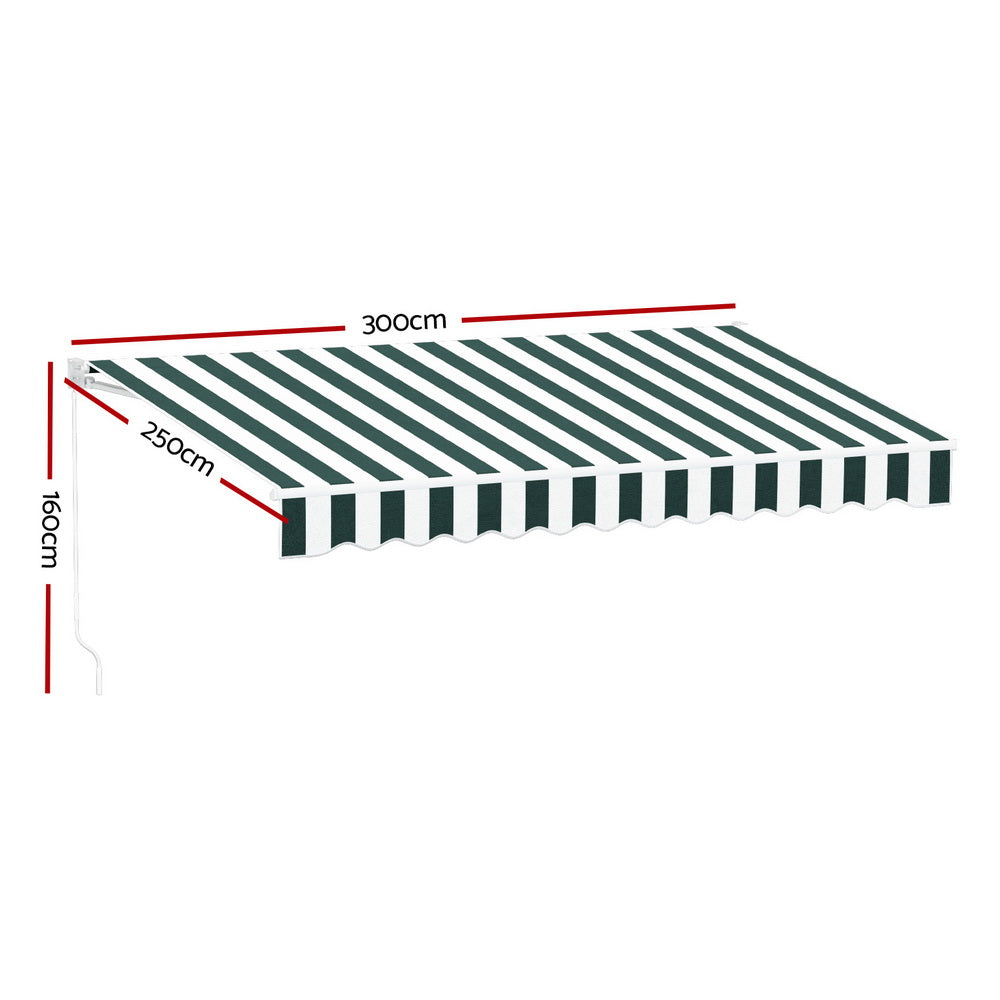 Instahut Retractable Folding Arm Awning Motorised Sunshade 3Mx2.5M Green White - 0