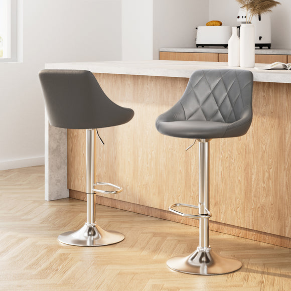 Artiss 2x Bar Stools Leather Padded Gas Lift Grey